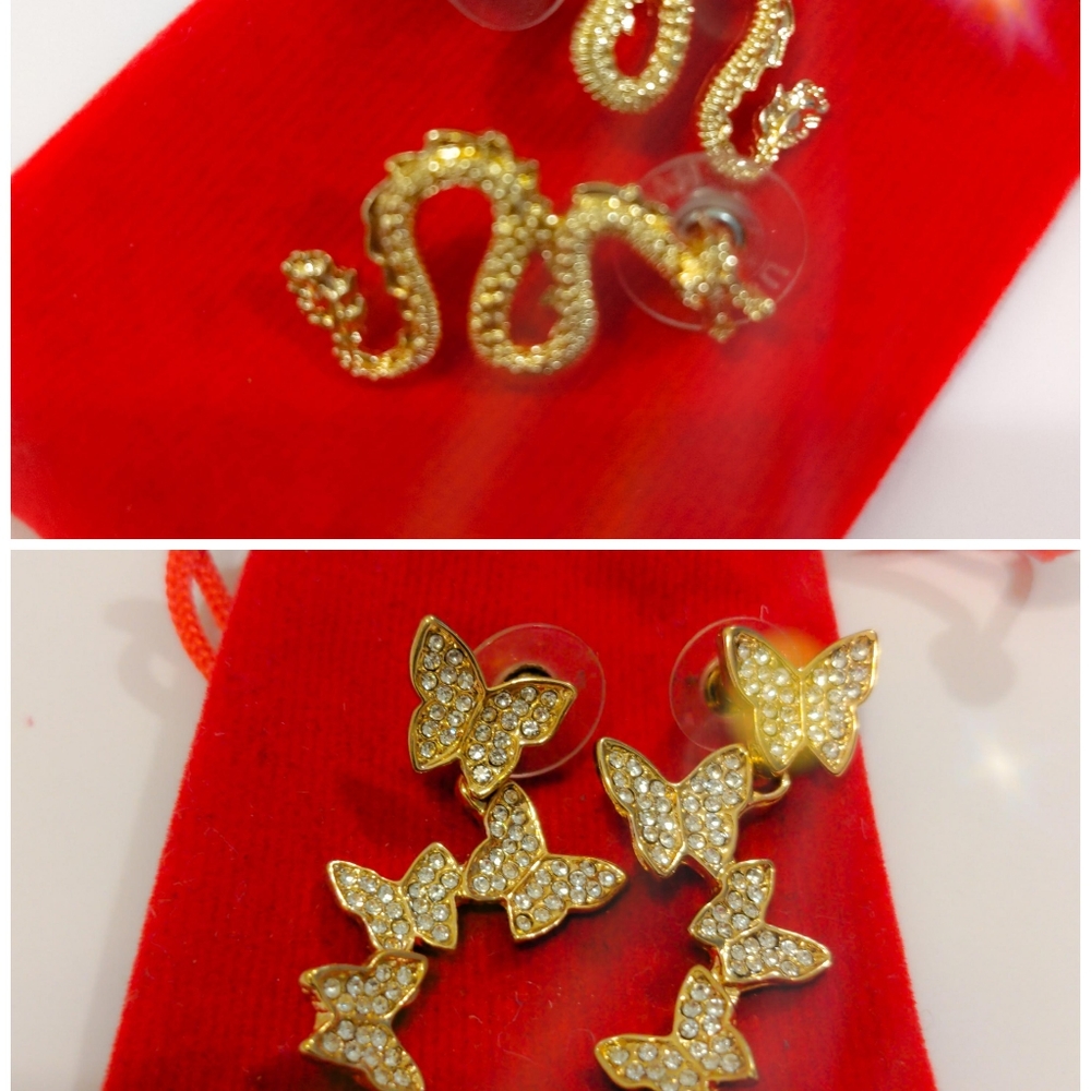 Golden Toned Butterfly and Dragon Earrings